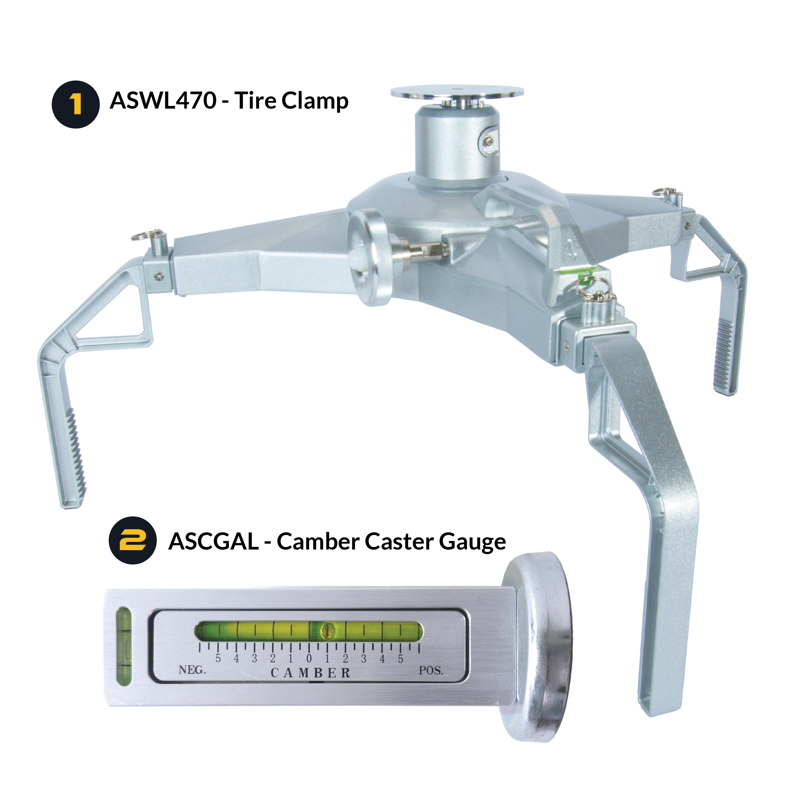 AutoSolo Bundle with ASWL470 Tire Clamp and the ASCGAL Camber Caster Gauge Level with magnetic end for home or professional wheel alignments