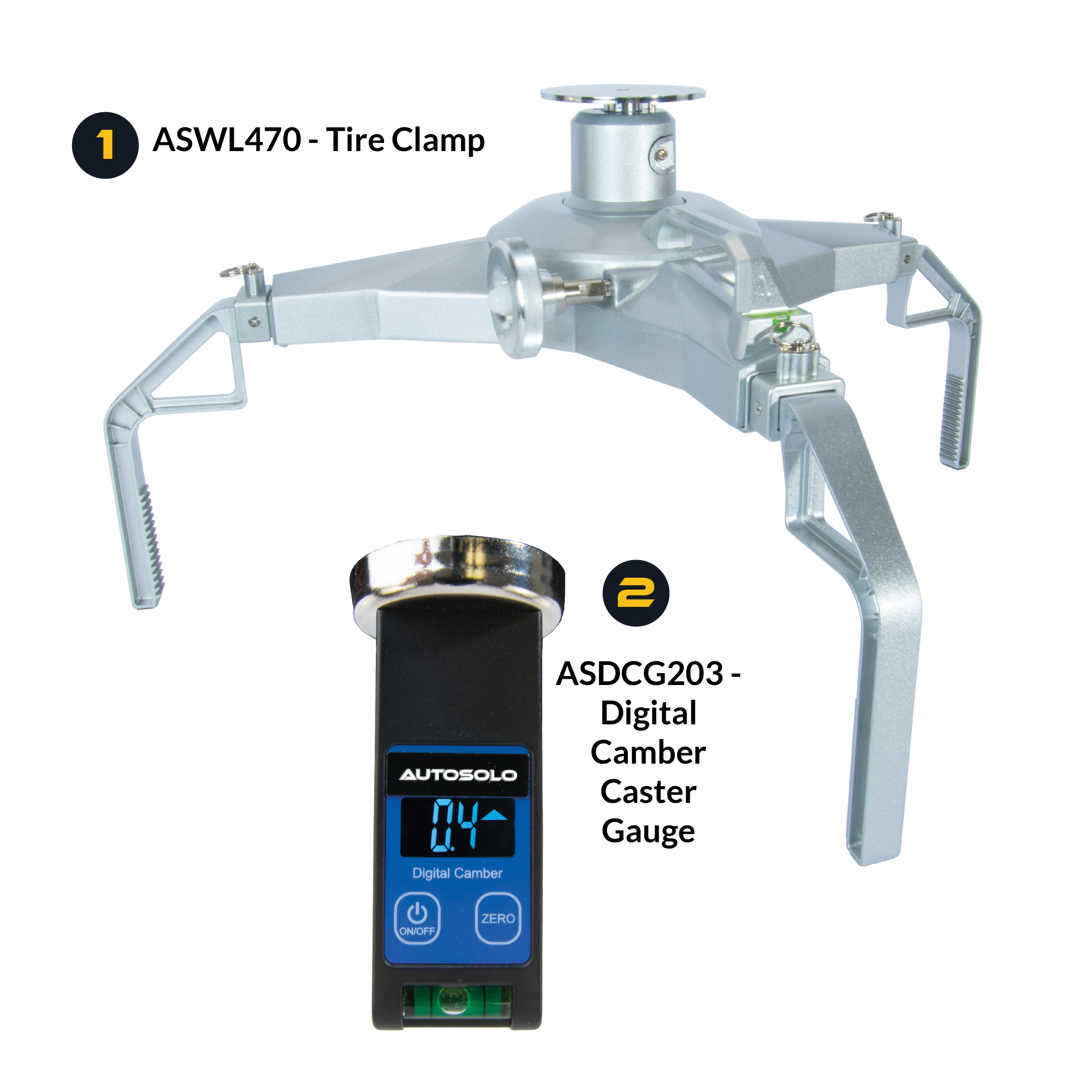 AutoSolo Bundle with ASWL470 Tire Clamp and the ASDCG203 Digital Camber Caster Gauge Level with magnetic end for wheel alignments