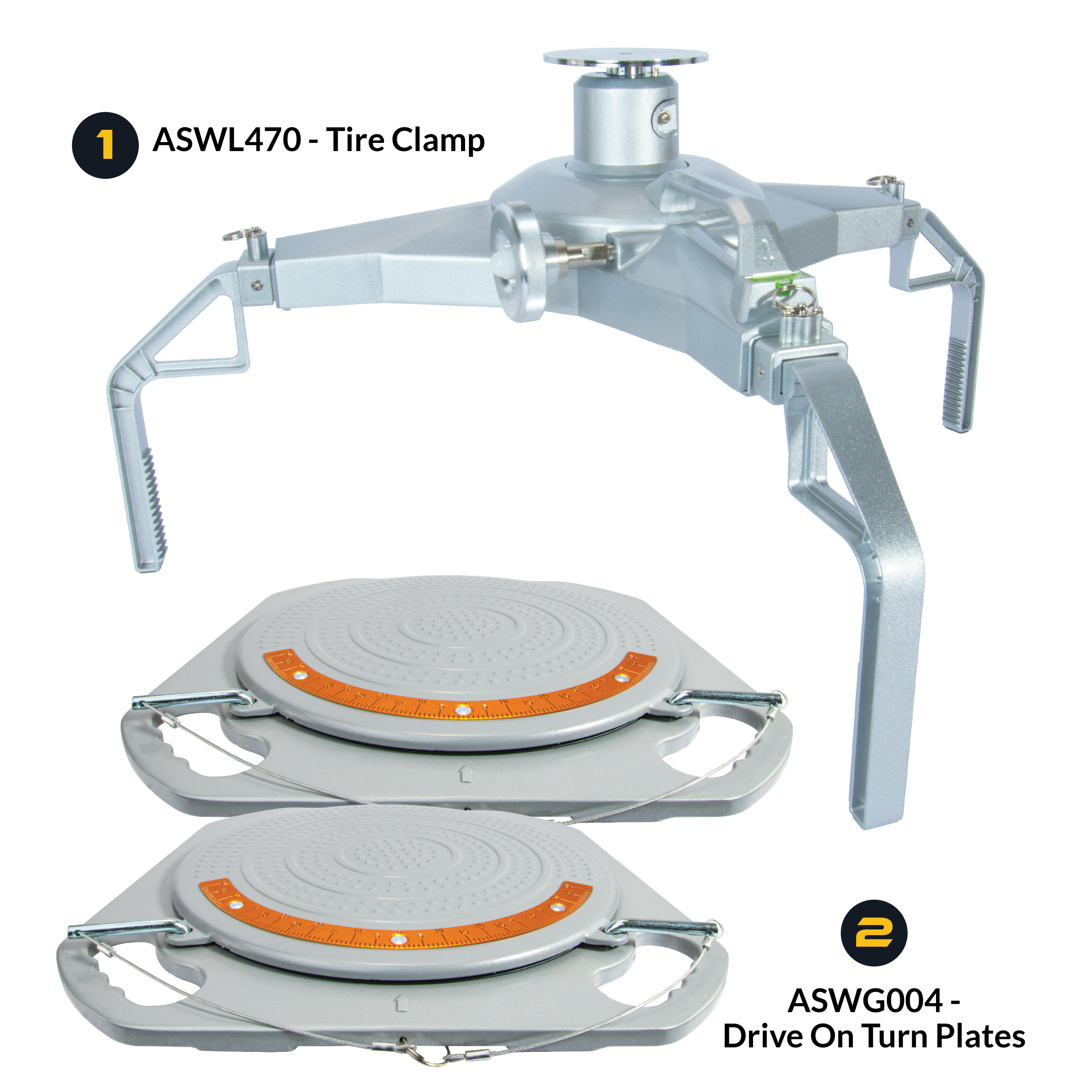 AutoSolo Bundle with ASWL470 Tire Clamp and the ASWG004 Drive-on Turn Plates for home or professional wheel alignments