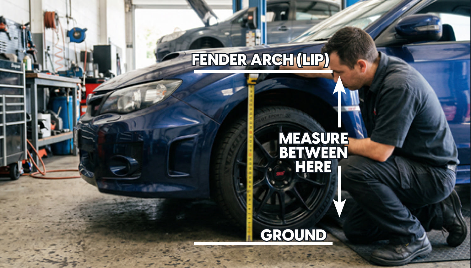 Blue Subaru WRX with labeled tape measure diagram showing fender arch measurement points