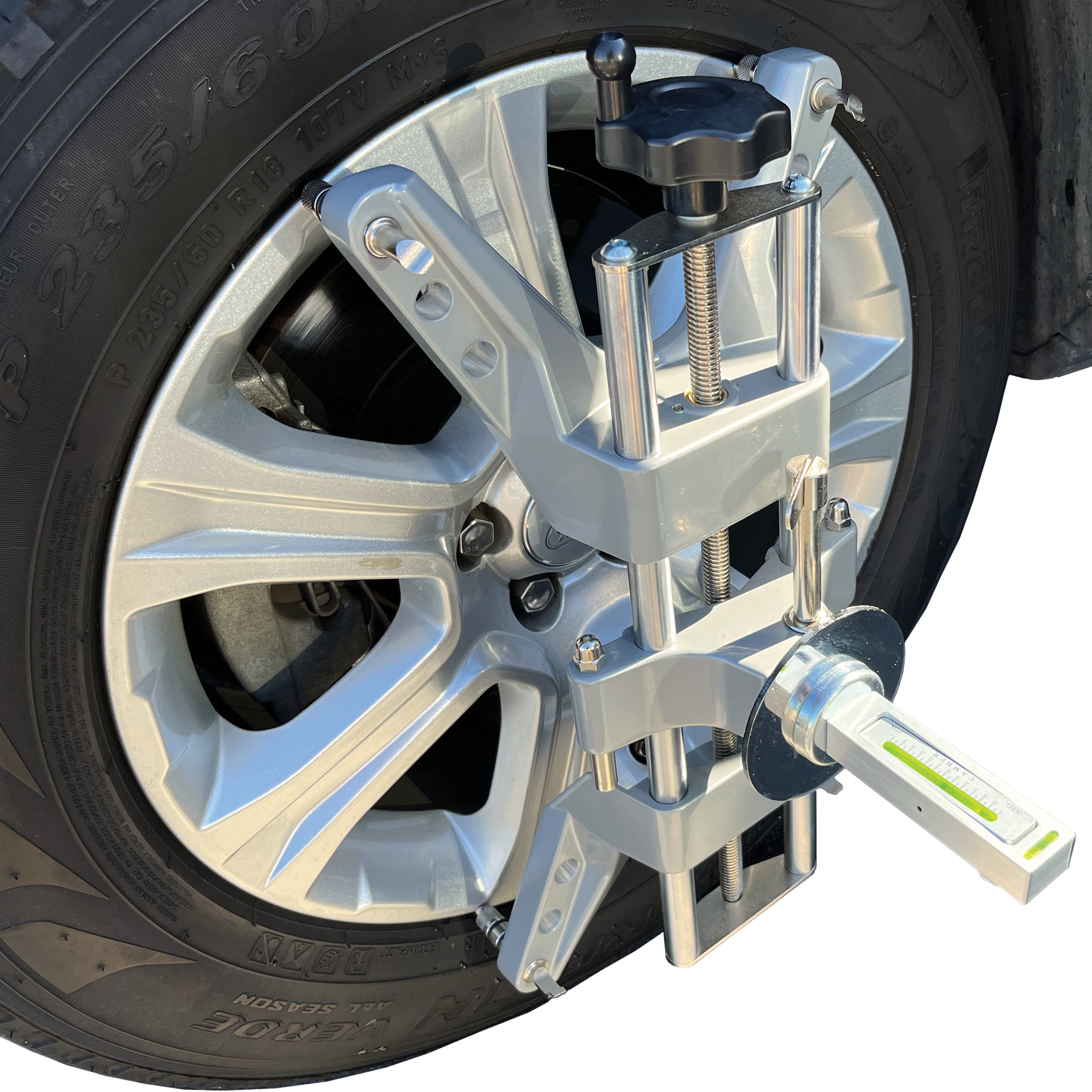Picture of wheel clamp on a car wheel with a camber gauge attached