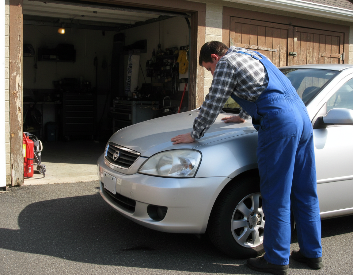 Person leaning over car hood pushing down to perform bounce test for shock absorber condition