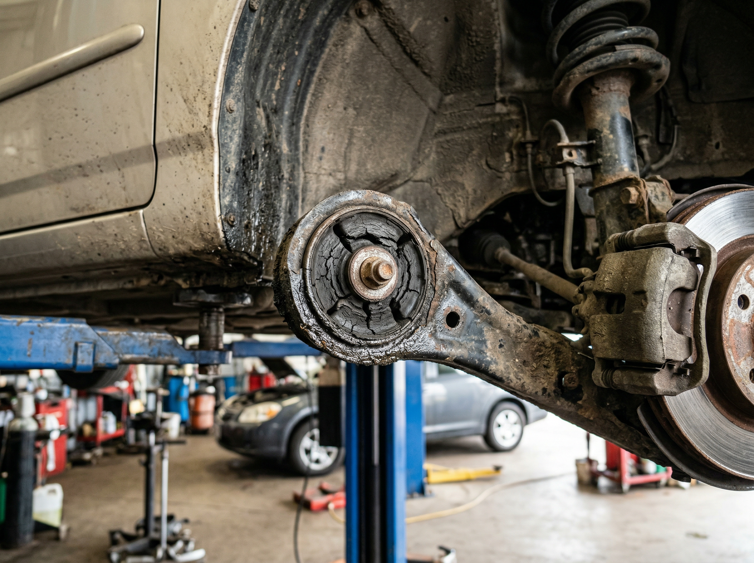 Severely worn control arm bushing with cracked and deteriorated rubber on lifted vehicle