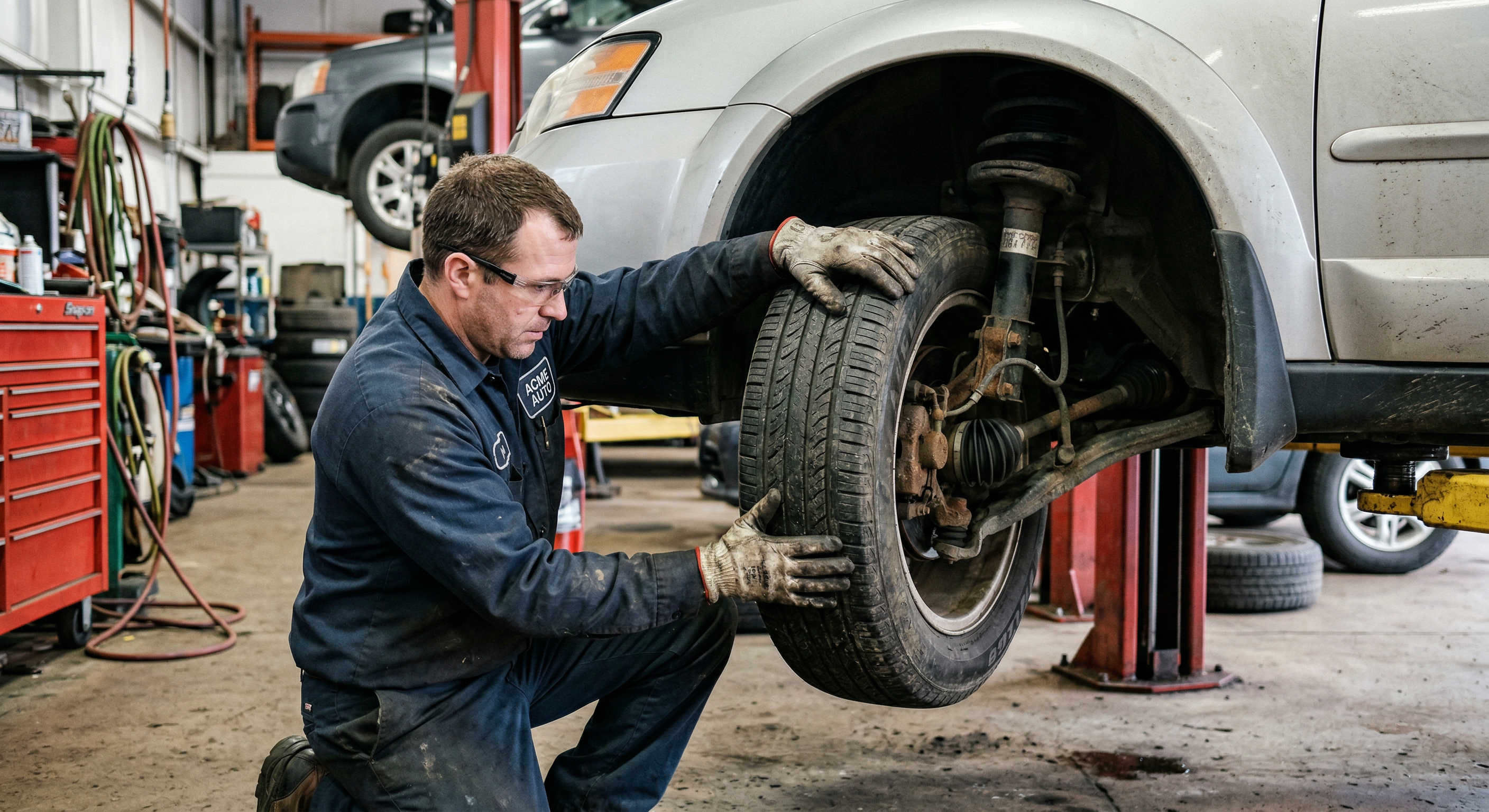 Mechanic checking for mechanical play in suspension by gripping and pushing tire on lifted vehicle